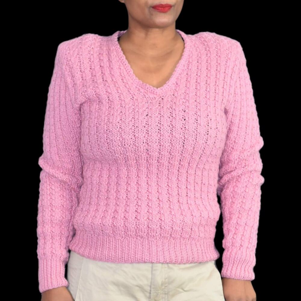 Vintage Boucle Sweater Pink HandKnit Ribbed Nubby Texture Cottagecore Size Small
